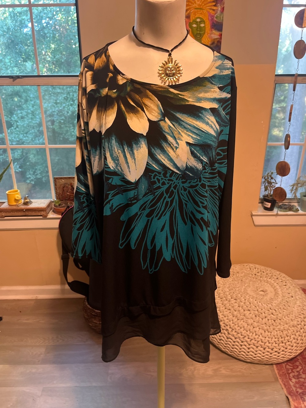 Alfani Black Blouse with Teal and Cream Floral Print